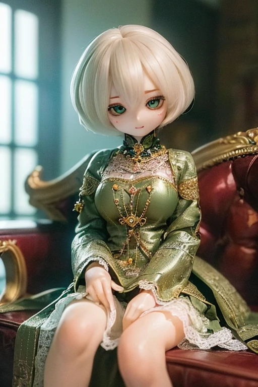 photorealistic, realistic photo, ((highest quality)), ((masterpiece)), (extremely detailed), kukolnydom, doll, (mature woman:1.7), solo, sitting on sofa, green eyes, (reclining on sofa, looking away, blank eyes, empty eyes, detailed eyes:1.3), (light smile), dress, museum, 8k