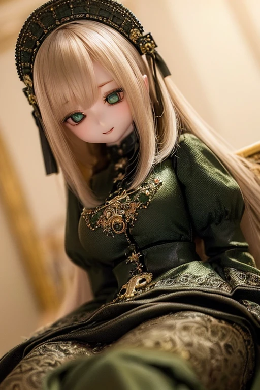 photorealistic, realistic photo, ((highest quality)), ((masterpiece)), (extremely detailed), kukolnydom, doll, (mature woman:1.6), solo, sitting on sofa, green eyes, (looking down, blank eyes, empty eyes, detailed eyes:1.3), light smile, dress, museum, 8k