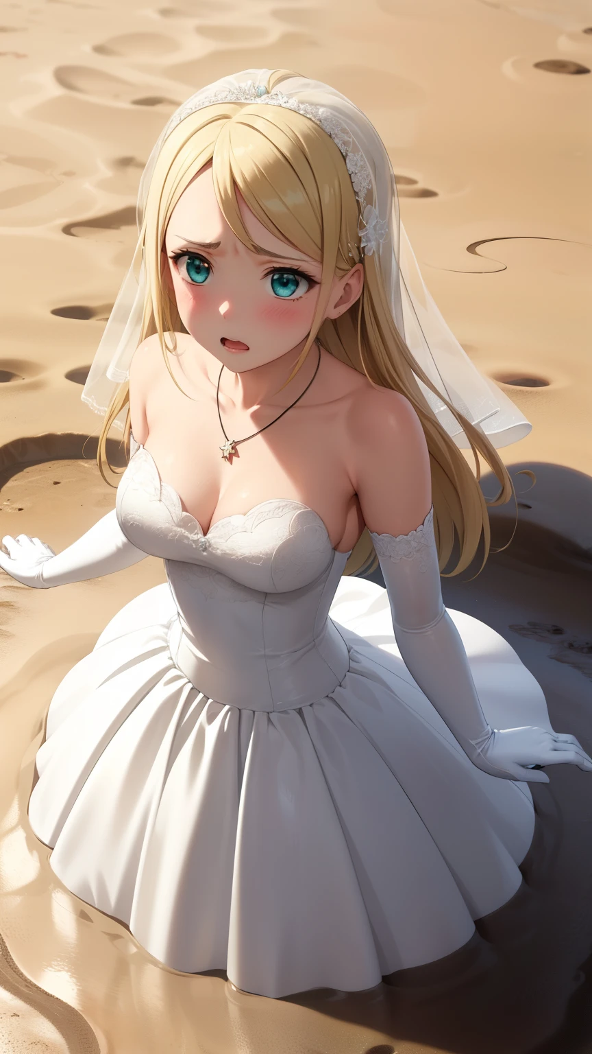 masterpiece, best quality, highly detailed, ultra high res, ayase arisa, 1girl, solo, hair ornament, long blonde hair, glossy lips, medium breasts, aqua eyes, wedding dress, upset, scared, elbow gloves, (quicksand:1.3), necklace, from above, (wedding dress spread on ground)