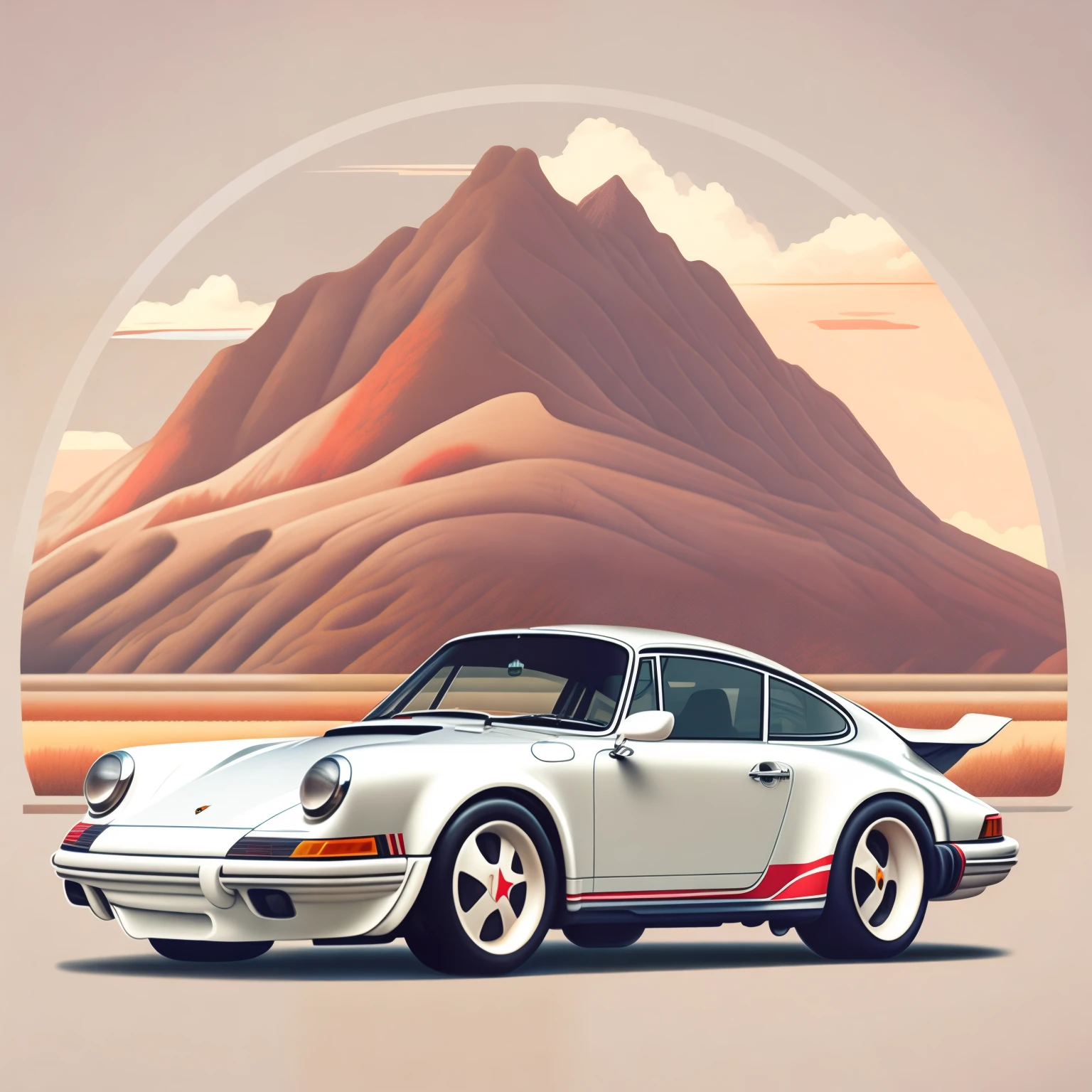 Design graphique vintage, porsche 911, Carrera 3, blanche, 1990, vue de derrière, stylized digital illustration, very detailed digital illustration, Retro style art, detailed vector art, vintage illustration, realistic, 4k, fond de montagne enneigé