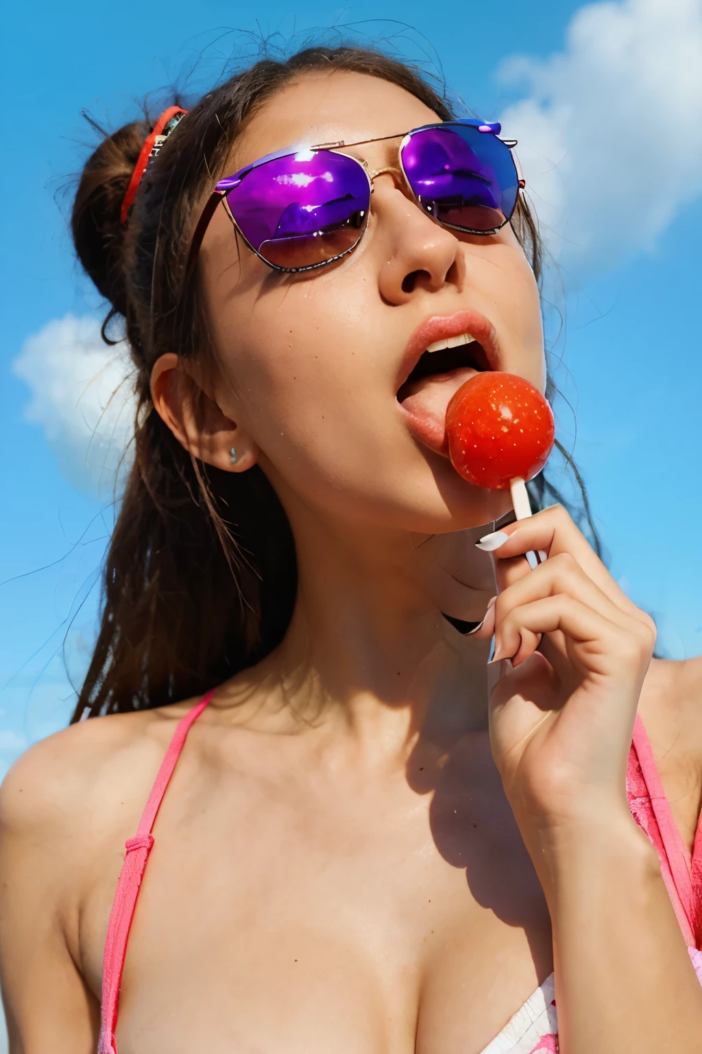 (masterpiece, best quality:1.2), 1girl, solo, high quality raw photograph of a young girl, licking a red lollipop,  vibrant neon colors, cool sunglasses, silhouette, illustration, looking at viewer, lofi,UHD, accurate, textured skin, super detail, high details, high quality, highres, 1080P, 4K