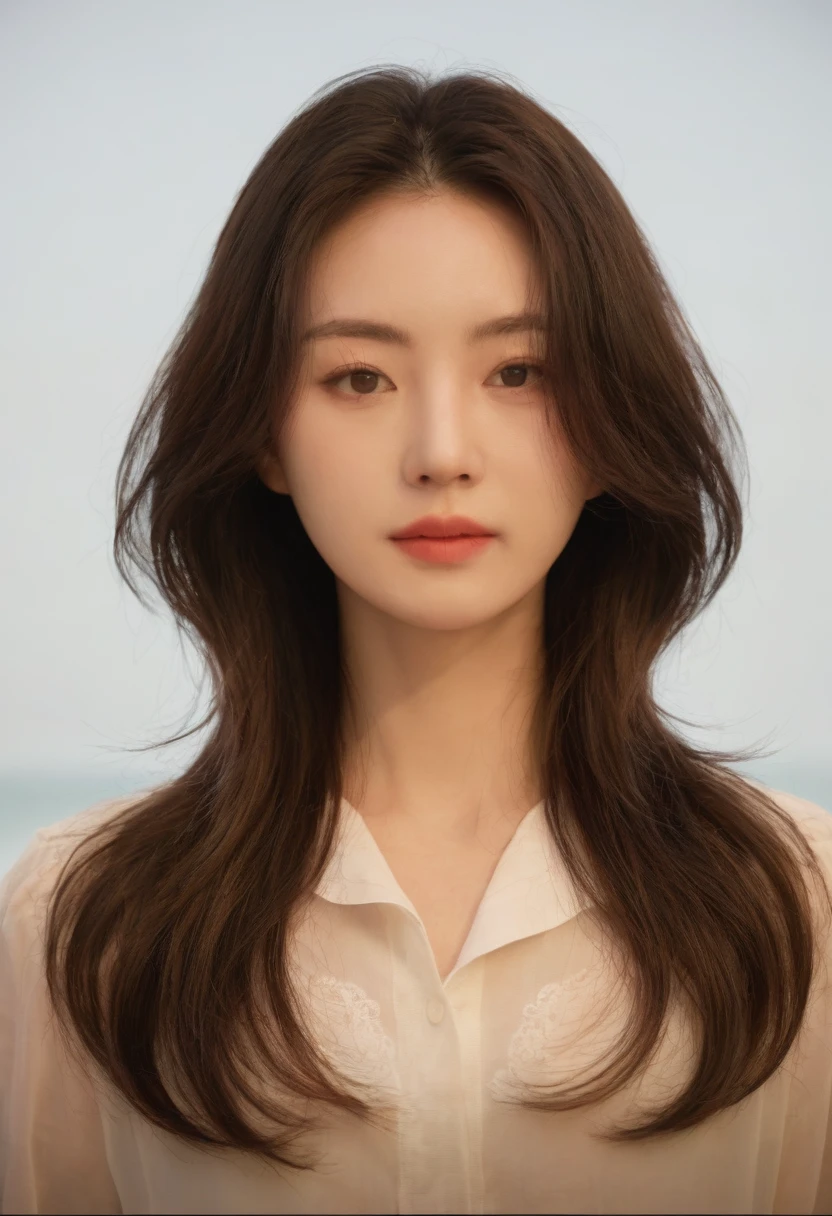Best Quality, 8k, Masterpiece, (Portrait: 1.3), (photo realistic:1.4), (hyper realistic:1.4), Sharp Focus, looking at viewer, (smoother lighting:1.1), (increase cinematic lighting quality:0.9), realistic lighting, backlighting, light on face, ray trace, (brightening light:1.2), (Increase quality:1.4), sharp detail, (best quality real texture skin:1.4), finely detailed eyes, black_eyes, finely detailed face, 25 year old Korean woman, (white formal_shirt:1.4), (Create an image maintaining the original base model hairstyle:1.5)