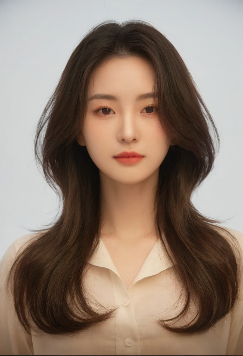 Best Quality, 8k, Masterpiece, (Portrait: 1.3), (photo realistic:1.4), (hyper realistic:1.4), Sharp Focus, looking at viewer, (smoother lighting:1.1), (increase cinematic lighting quality:0.9), realistic lighting, backlighting, light on face, ray trace, (brightening light:1.2), (Increase quality:1.4), sharp detail, (best quality real texture skin:1.4), finely detailed eyes, black_eyes, finely detailed face, 25 year old Korean woman, (white formal_shirt:1.4), (Create an image maintaining the original base model hairstyle:1.5)