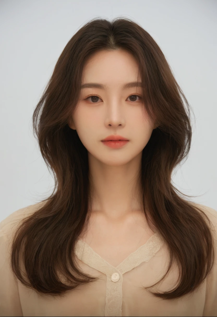 Best Quality, 8k, Masterpiece, (Portrait: 1.3), (photo realistic:1.4), (hyper realistic:1.4), Sharp Focus, looking at viewer, (smoother lighting:1.1), (increase cinematic lighting quality:0.9), realistic lighting, backlighting, light on face, ray trace, (brightening light:1.2), (Increase quality:1.4), sharp detail, (best quality real texture skin:1.4), finely detailed eyes, black_eyes, finely detailed face, 25 year old Korean woman, (white formal_shirt:1.4), (Create an image maintaining the original base model hairstyle:1.5)