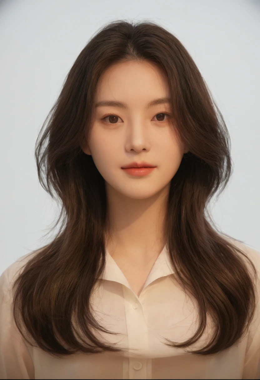 Best Quality, 8k, Masterpiece, (Portrait: 1.3), (photo realistic:1.4), (hyper realistic:1.4), Sharp Focus, looking at viewer, (smoother lighting:1.1), (increase cinematic lighting quality:0.9), realistic lighting, backlighting, light on face, ray trace, (brightening light:1.2), (Increase quality:1.4), sharp detail, (best quality real texture skin:1.4), finely detailed eyes, black_eyes, finely detailed face, 25 year old Korean woman, (white formal_shirt:1.4), (Create an image maintaining the original base model hairstyle:1.5)