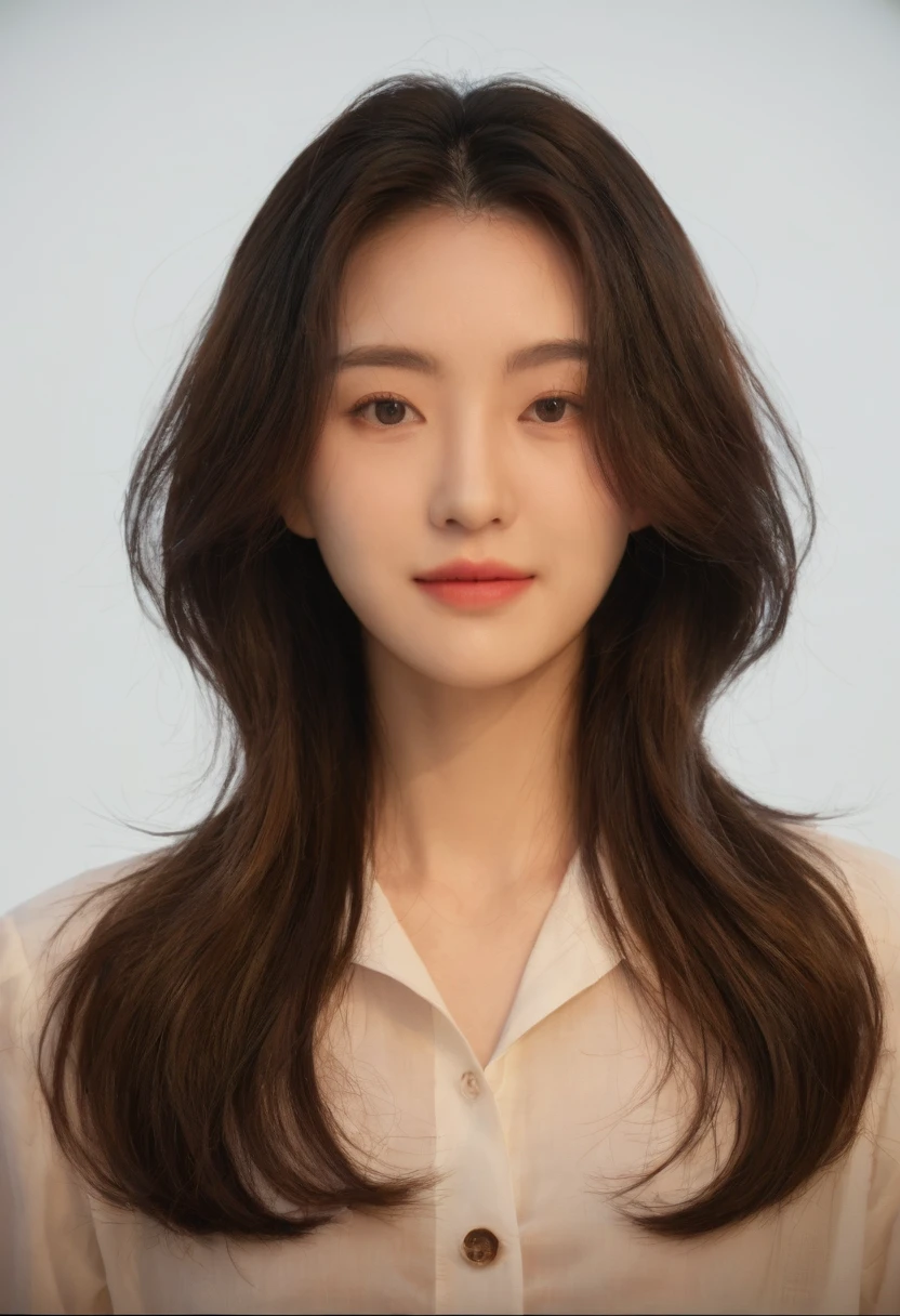 Best Quality, 8k, Masterpiece, (Portrait: 1.3), (photo realistic:1.4), (hyper realistic:1.4), Sharp Focus, looking at viewer, (smoother lighting:1.1), (increase cinematic lighting quality:0.9), realistic lighting, backlighting, light on face, ray trace, (brightening light:1.2), (Increase quality:1.4), sharp detail, (best quality real texture skin:1.4), finely detailed eyes, black_eyes, finely detailed face, 25 year old Korean woman, (white formal_shirt:1.4), (Create an image maintaining the original base model hairstyle:1.5