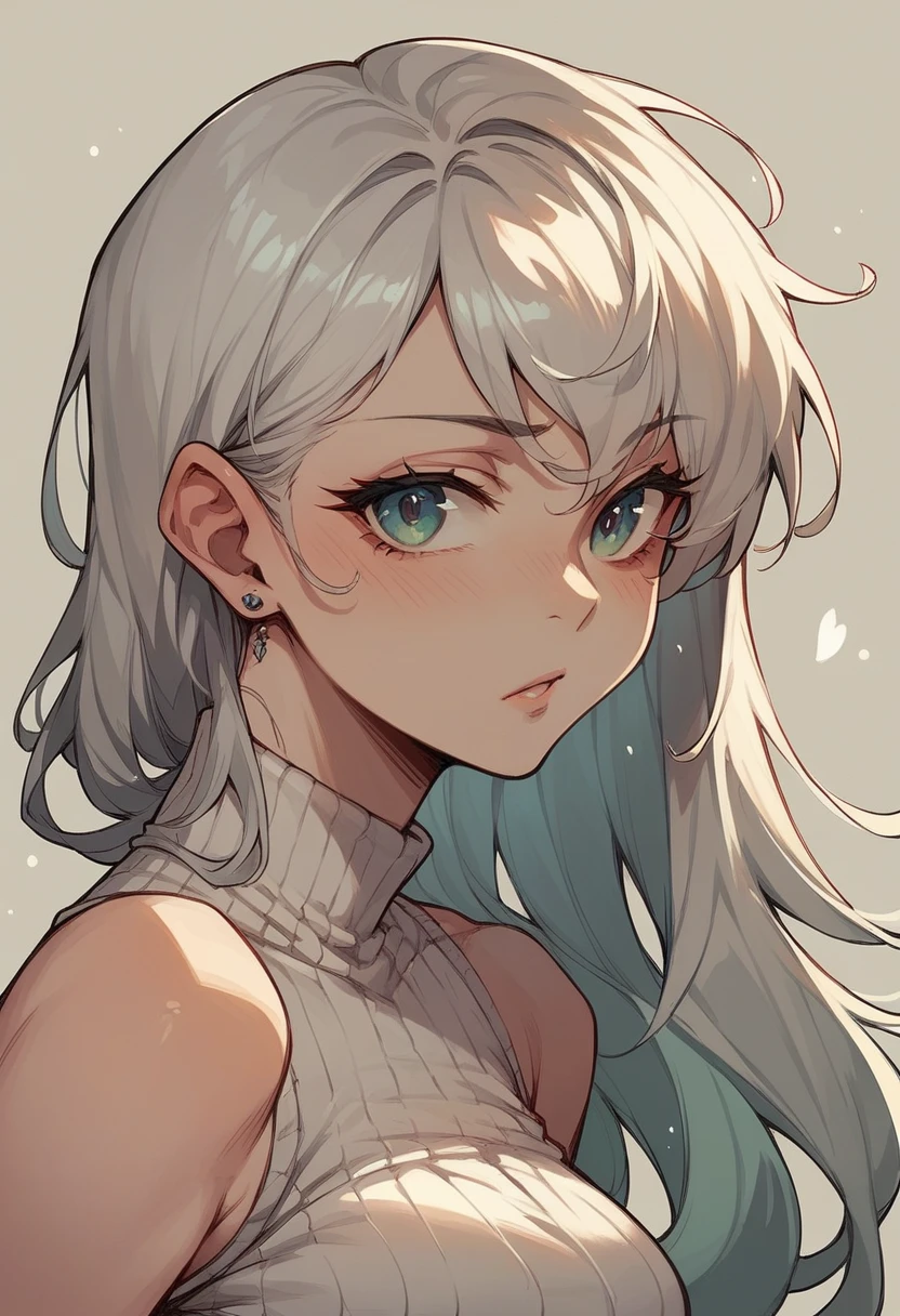 Adult sister,Gray Hair,The hair is quite long,The front hair is yellow-green,The back hair is blue,White clothes