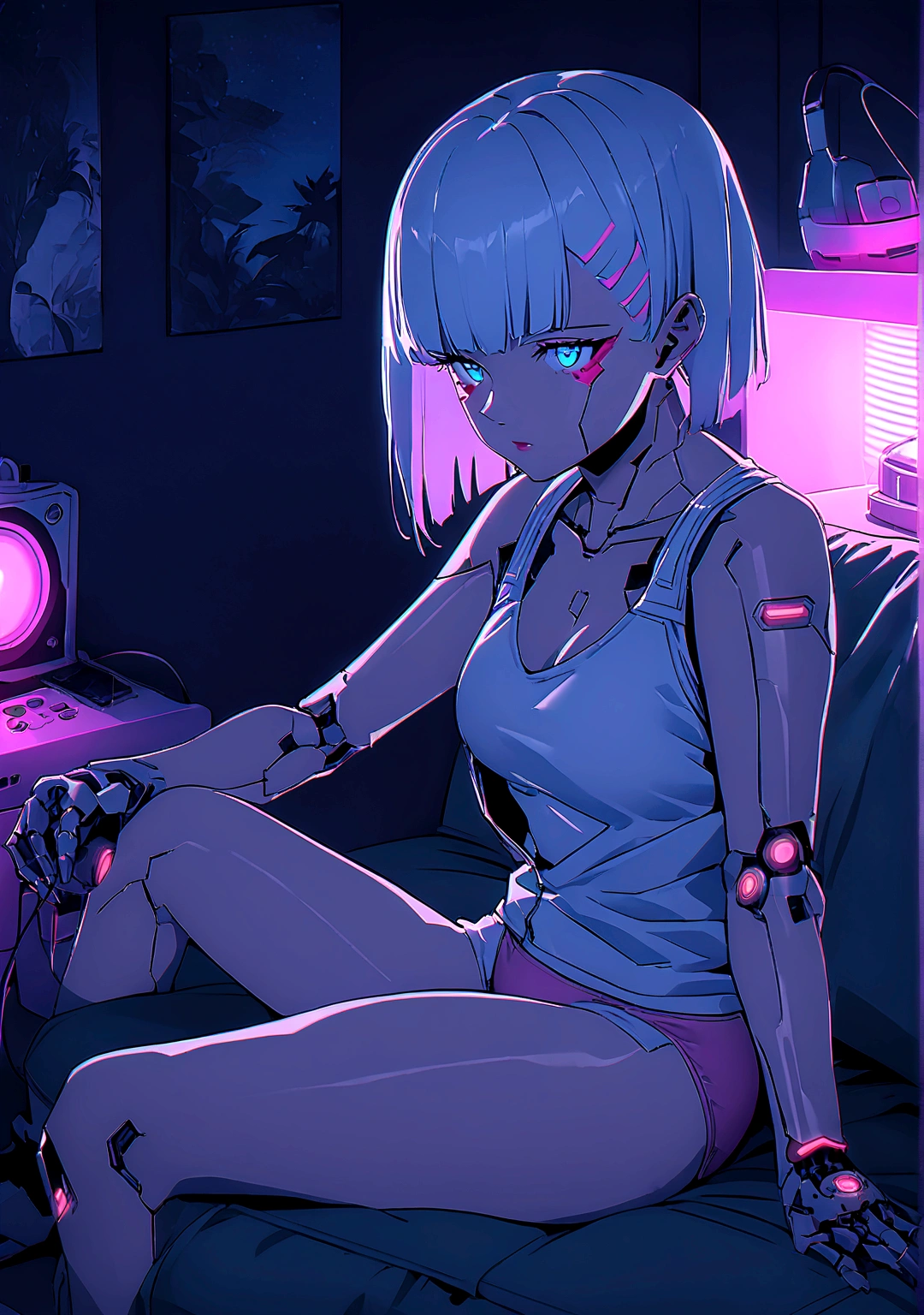 Imagine Lucy from cyberpunk edge runner, white short hair, pink line hair, blue eyes, cyborg implants, skin implants, Cyberpunk theme, white tank top, braless, pink panties, sitting on cozy room. Chilling, Neon lamps, retro music player