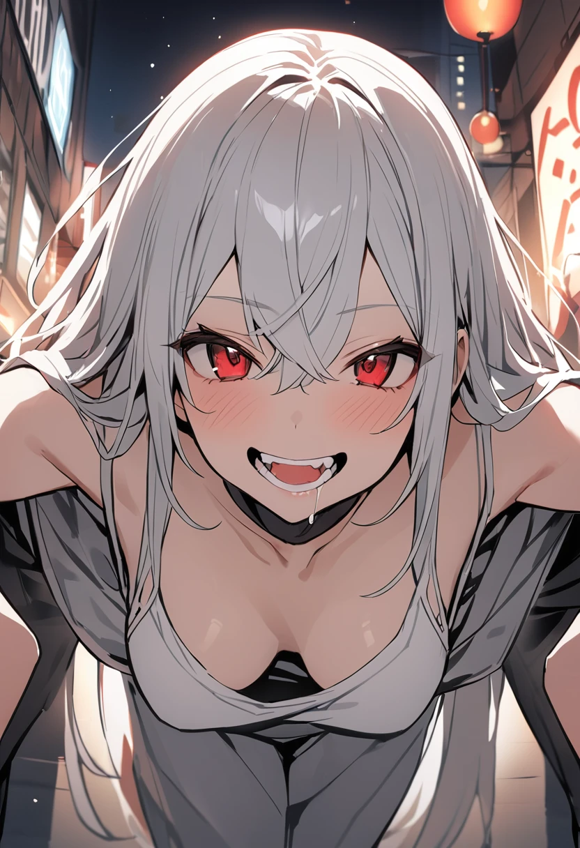 (masterpiece:1.2)、Highest quality、PIXIV、Rebellious girl、One girl、Open your mouth、鋭いteeth、teeth、Long Hair、Street background、Bright red eyes、Upper Body、smile、Focus on the viewer、Chest in the center、Shoulder Bare、Belly button、Black and white hair color,leaning forward,Night view,Black and white grey outfit,Overflowing drool、saliva、White Breath、Sigh,Pull your mouth with your fingers、An excited look,fallatio,A world in black and white