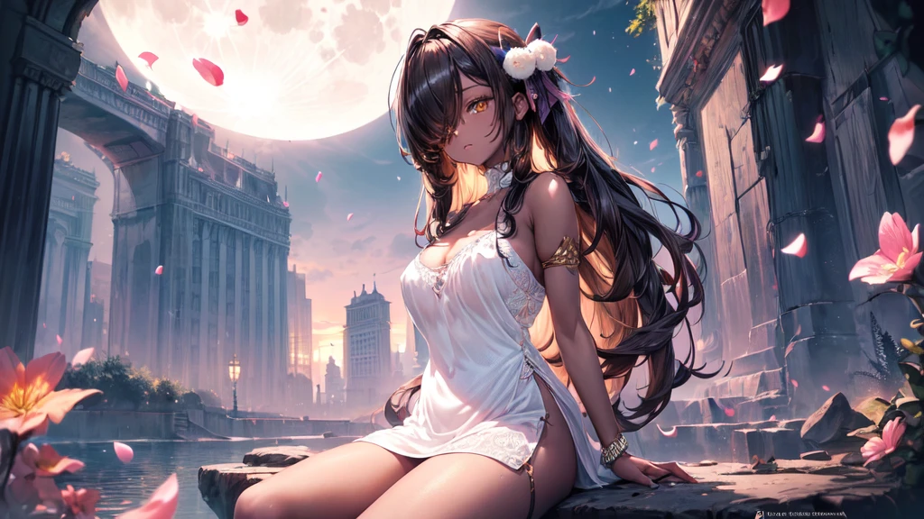 ((((Obra maestra, La mejor calidad, ultrahigh resolution)))), 1girl, standing,), ((long pure brown hair, hair over eye)), long hair cut, shiny skin, ((golden eyes)), glowing_eyes, neon eyes, (ultra detailed eyes:0.7, beautiful and detailed face, detailed eyes:0.9), ((centered)), smirk, facing viewer, ((vibrant background, dark lighting, summer, sunlight)), large chested, looking at viewer, ((half closed eyes)), ((perfect hands)), (((head:1, arms, hips in view, elbows, legs, in view))), ((hands behind back)), empty eyes, beautiful lighting, ((outside, outdoors)), defined subject, head tilt, (((gritty)), ((creepy)), ((cool)), ((beautiful)), (((SFW))), hair ornament, petals in the air, moon in the sky, city, mature woman, adult woman, sfw, pink and white dress, night dress, she is a princess, gal, dark skin,