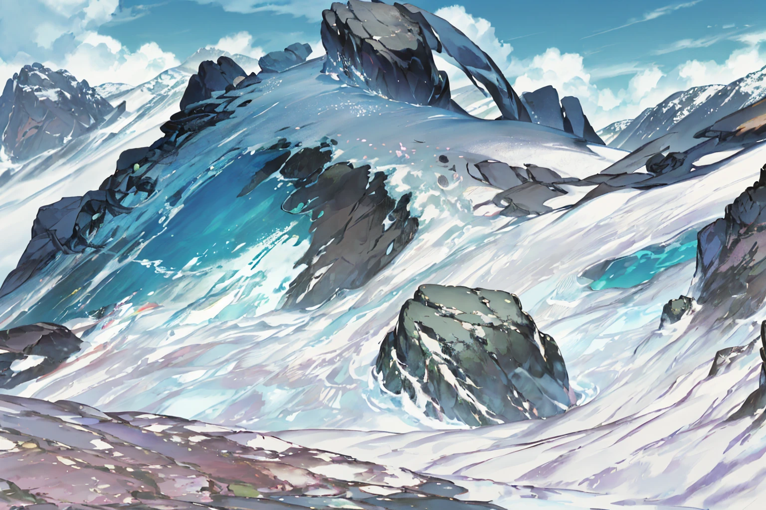 summer, rocky area, rock formation, (illustration : 1.0), Narrative composition, realistic lighting, HD detail, masterpiece, best quality best, (Highly detailed CG integrated 8k wallpaper), wide and flat rocky area, A small, sharp, rough rock at the top of the screen.