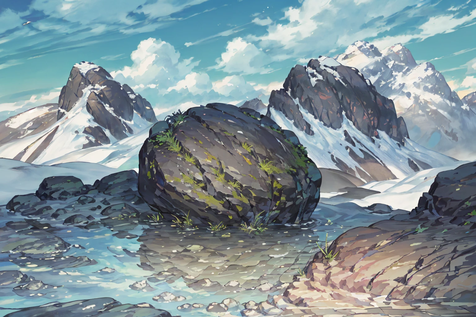 summer, rocky area, rock formation, (illustration : 1.0), Narrative composition, realistic lighting, HD detail, masterpiece, best quality best, (Highly detailed CG integrated 8k wallpaper), wide and flat rocky area, A small, sharp, rough rock at the top of the screen.