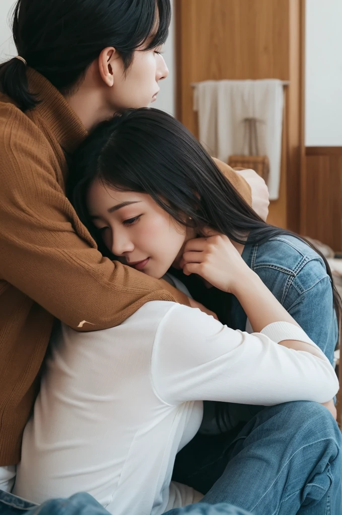 Highest quality、4K quality、Man sitting on sofa、Saint riding on a man、A man hugs a woman's breastan lays hands on woman'between legs、thin、Small face、18-year-old、