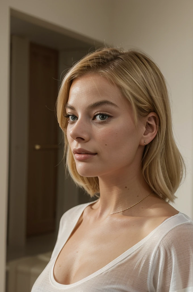 a photo taken in selfie of a very blonde woman with European features who looks like Margot Robbie, she is in profile and has a confident and charming look, she is dressed in a transparent t-shirt, she has a very nice shape and takes natural positions without necessarily looking straight ahead