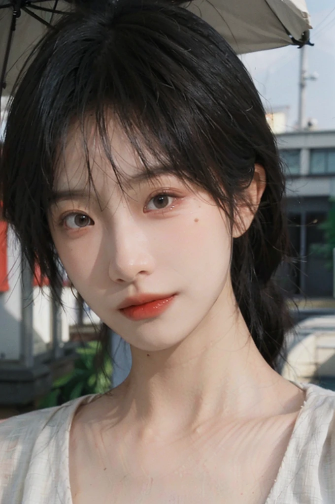 (Skin details:1.4), (smooth skin textures:1.3), Lipstick, background,海滩background， Direct vision, earrings, serene, calm, (Realistic and detailed eyes：1.2）, Natural skin texture, Realistic facial details, Soft dramatic lighting, Vivid details, 35 mm film, outdoor, (Photo Practical:1.4), (hyper Practical:1.4), (Practical:1.3), (Smoother lighting:1.05), (Improve lighting quality:0.9), (Highest quality real skin textures:1.4), Exquisite eyes, Delicate face, Close-up of face, (Enhance the beauty of skin texture:1.1), Hair details, Vest，normal body ratio, short hair, Moles under the eyes, thinking, A faint smile,公园background，Portrait Photography, Depth of Field, Bokeh, Surrealism, Ray Tracing, (Portrait Photography:1.1), Surrealism, High Detail, Chiaroscuro, Ray Tracing, reflected light, Ultra HD, Ultra HD, masterpiece, Textured Skin, Super Detail, High Detail, high quality, best quality