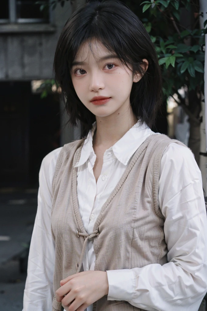 (Skin details:1.4), (smooth skin textures:1.3), Lipstick, background,海滩background, Direct vision, earrings, serene, calm, (Realistic and detailed eyes:1.2), Natural skin texture, Realistic facial details, Soft dramatic lighting, Vivid details, 35 mm film, outdoor, (Photo Practical:1.4), (hyper Practical:1.4), (Practical:1.3), (Smoother lighting:1.05), (Improve lighting quality:0.9), (Highest quality real skin textures:1.4), Exquisite eyes, Delicate face, Close-up of face, (Enhance the beauty of skin texture:1.1), Hair details, Vest,normal body ratio, short hair, Moles under the eyes, thinking, A faint smile,公园background,Portrait Photography, Depth of Field, Bokeh, Surrealism, Ray Tracing, (Portrait Photography:1.1), Surrealism, High Detail, Chiaroscuro, Ray Tracing, reflected light, Ultra HD, Ultra HD, masterpiece, Textured Skin, Super Detail, High Detail, high quality, best quality