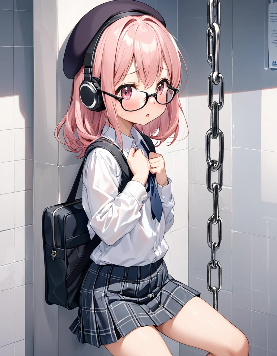 BREAK Perfect Anatomy、Highest quality、(cute:1.1)、(cute)、(High resolution:1.2)、Unbelievably absurd:1.3、Incredible illustrations、(cuteイラスト:1.2)、nsfw,（Beautiful background、Public toilet、1girl(Pink hair、Very Long、beret、Cotton shirt、Check skirt、school bag、Glasses、Headphones,9  old female,height 1.2meters, slim 25kg,shackles,restrained）((((vulgarity))))( Sex preparation:1.2、suspended congress),pussy juice:1.2,