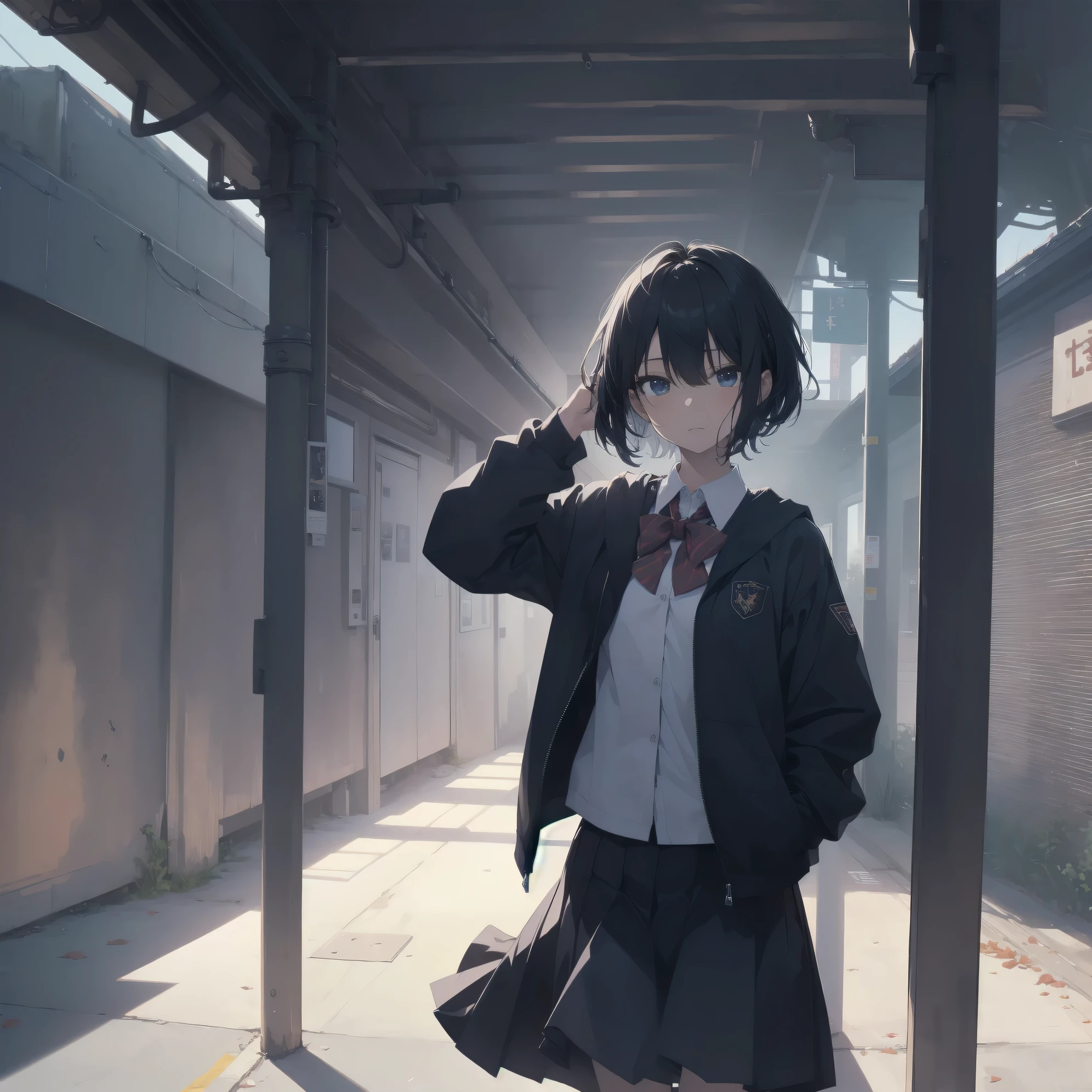 ultra-absurdres-Top quality by artist God, ultra-detailed, high resolution, anime moe artstyle, best anime 8k konachan wallpaper, pixiv contest winner, pool:2810, perfect anatomy,break, 1girl, (Please draw a girl walking sleepily to school alone. )break,(Solo,little female, 13-year-old:1.3),Full limbs, complete fingers,a junior high school student, (very short hair), short cut, flat chest, , small butt, small black eyes, beautiful detailed eyes, well-proportioned iris and pupils, expressive eyes, highres detailed hair, soft expression, salor school_uniform, sailor collar, serahuku, bow, pleated skirt,(Detailed Lighting), (Detailed background), in the School commute route. break,super detailed skin, Best cinematic lighting powered by famous artist, 8k,beauty illustration,photoshop_(medium),very aesthetic,break,((artist:sincos )), artist:clamp ,artist:carnelian ,artist:kantoku ,