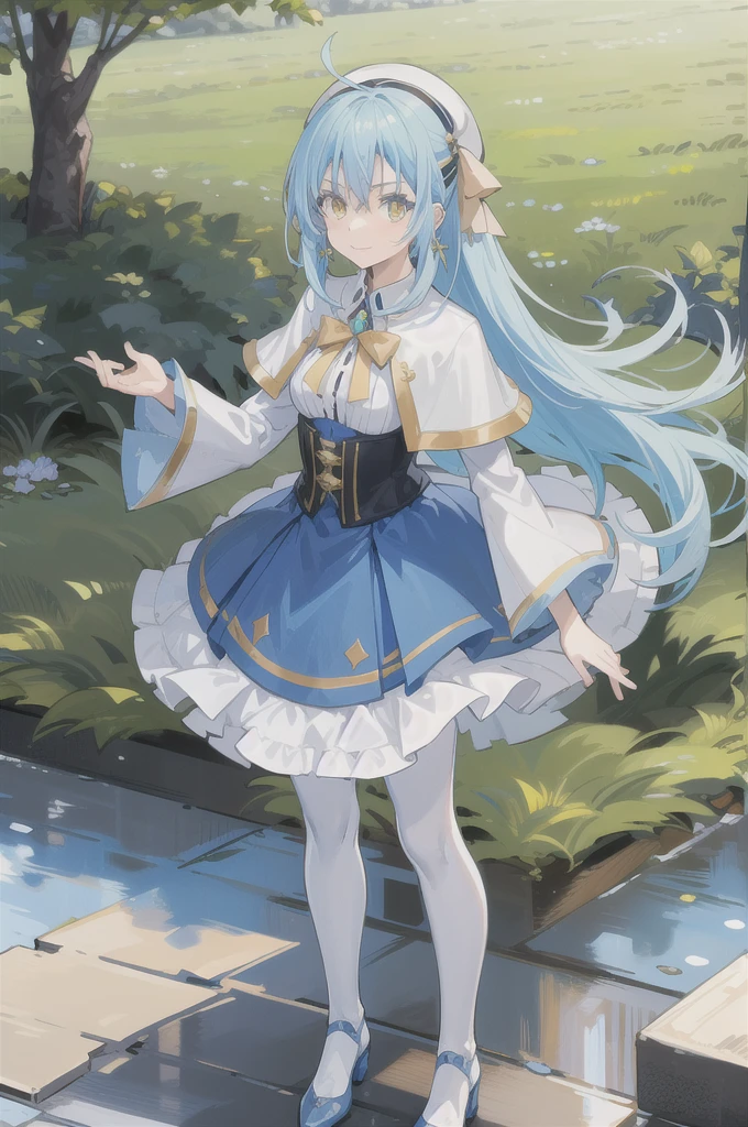 Rimuru Tempest,1girl,solo,blue_hair,open_mouth,:D,long_hair,golden_eyes,smile,happy,jewelry, closed_mouth,earring,accessory,masterpiece,highly_detailed,medium_breasts,white_capelet,hat_bow,garden,outdoors, looking at viewer,long sleeves,pantyhose,corset,waving, standing,frilled skirt,