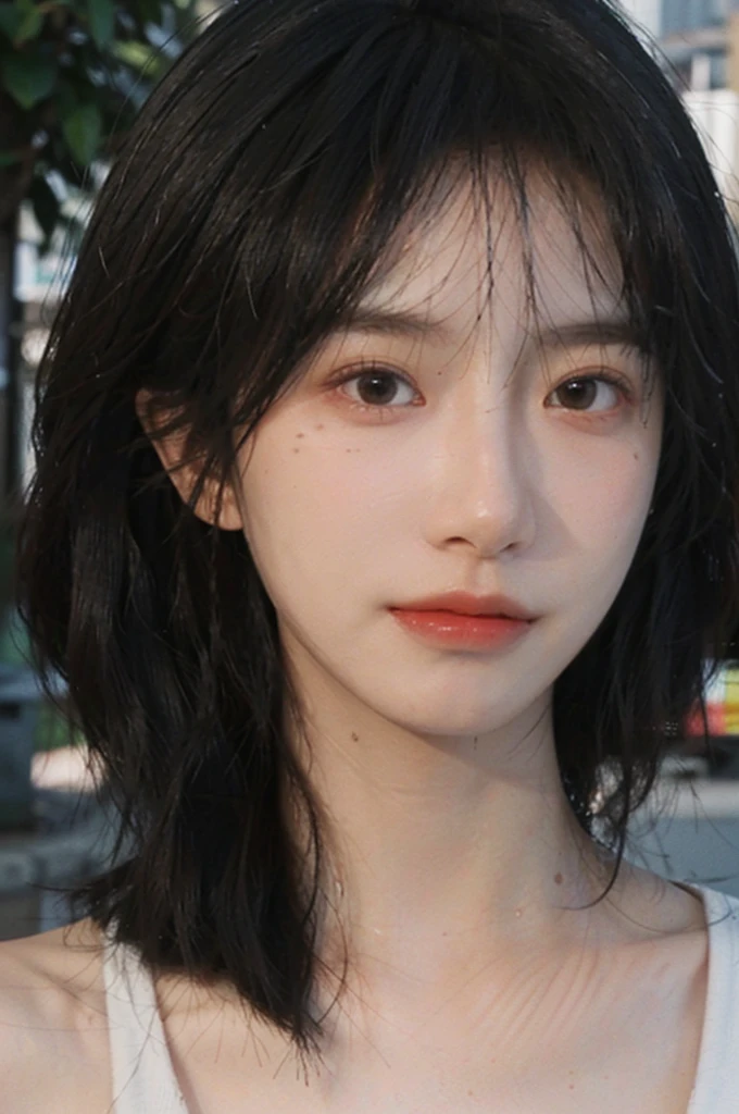 (Skin details:1.4), (smooth skin textures:1.3), Lipstick, background,海滩background, Direct vision, earrings, serene, calm, (Realistic and detailed eyes:1.2), Natural skin texture, Realistic facial details, Soft dramatic lighting, Vivid details, 35 mm film, outdoor, (Photo Practical:1.4), (hyper Practical:1.4), (Practical:1.3), (Smoother lighting:1.05), (Improve lighting quality:0.9), (Highest quality real skin textures:1.4), Exquisite eyes, Delicate face, Close-up of face, (Enhance the beauty of skin texture:1.1), Hair details, Vest,normal body ratio, short hair, Moles under the eyes, thinking, A faint smile,公园background,Portrait Photography, Depth of Field, Bokeh, Surrealism, Ray Tracing, (Portrait Photography:1.1), Surrealism, High Detail, Chiaroscuro, Ray Tracing, reflected light, Ultra HD, Ultra HD, masterpiece, Textured Skin, Super Detail, High Detail, high quality, best quality