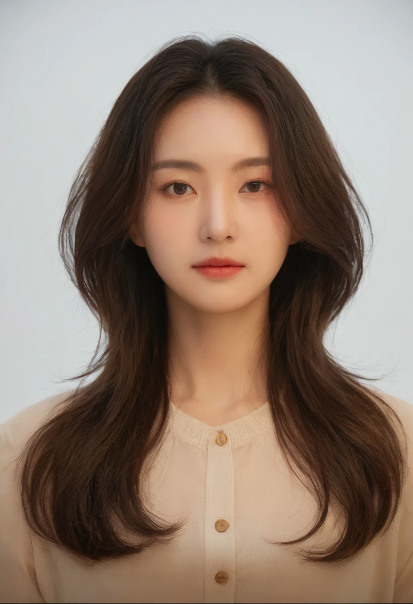 Best Quality, 8k, Masterpiece, (Portrait: 1.3), (photo realistic:1.4), (hyper realistic:1.4), Sharp Focus, looking at viewer, (smoother lighting:1.1), (increase cinematic lighting quality:0.9), realistic lighting, backlighting, light on face, ray trace, (brightening light:1.2), (Increase quality:1.4), sharp detail, (best quality real texture skin:1.4), finely detailed eyes, black_eyes, finely detailed face, 25 year old Korean woman, (white formal_shirt:1.4), (Create an image maintaining the original base model hairstyle:1.5)