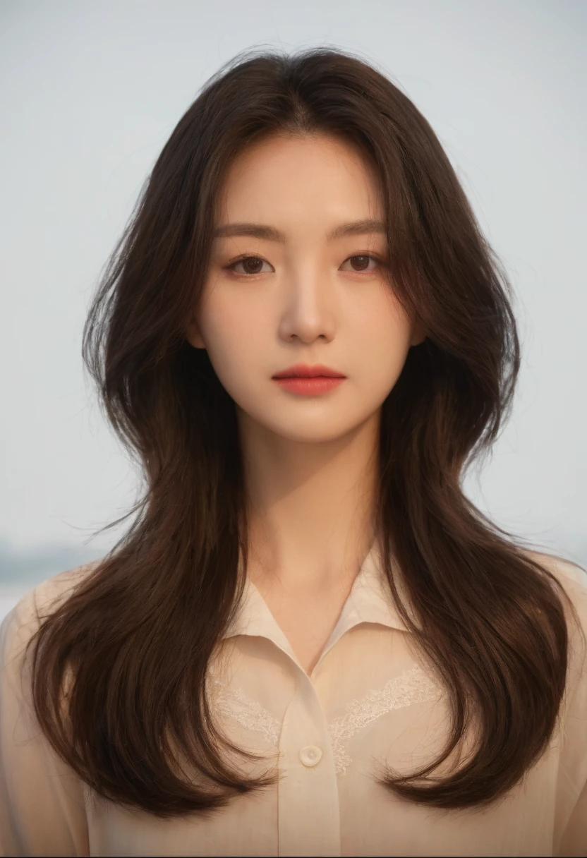 Best Quality, 8k, Masterpiece, (Portrait: 1.3), (photo realistic:1.4), (hyper realistic:1.4), Sharp Focus, looking at viewer, (smoother lighting:1.1), (increase cinematic lighting quality:0.9), realistic lighting, backlighting, light on face, ray trace, (brightening light:1.2), (Increase quality:1.4), sharp detail, (best quality real texture skin:1.4), finely detailed eyes, black_eyes, finely detailed face, 25 year old Korean woman, (white formal_shirt:1.4), (Create an image maintaining the original base model hairstyle:1.5)