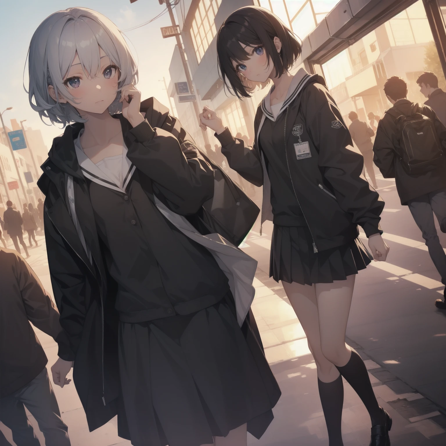ultra-absurdres-Top quality by artist God, ultra-detailed, high resolution, anime moe artstyle, best anime 8k konachan wallpaper, pixiv contest winner, pool:2810, perfect anatomy,break, 1girl, (Please draw a girl walking sleepily to school alone. )break,(Solo,little female, 13-year-old:1.3),Full limbs, complete fingers,a junior high school student, (very short hair), short cut, flat chest, , small butt, small black eyes, beautiful detailed eyes, well-proportioned iris and pupils, expressive eyes, highres detailed hair, soft expression, salor school_uniform, sailor collar, serahuku, bow, pleated skirt,(Detailed Lighting), (Detailed background), in the School commute route. break,super detailed skin, Best cinematic lighting powered by famous artist, 8k,beauty illustration,photoshop_(medium),very aesthetic,break,((artist:sincos )), artist:clamp ,artist:carnelian ,artist:kantoku ,