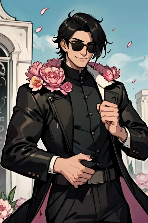 A tall muscular black haired man with sunglasses and a long leather coat and a cool shirt is smiling in a flurry of peony petals in a cemetery