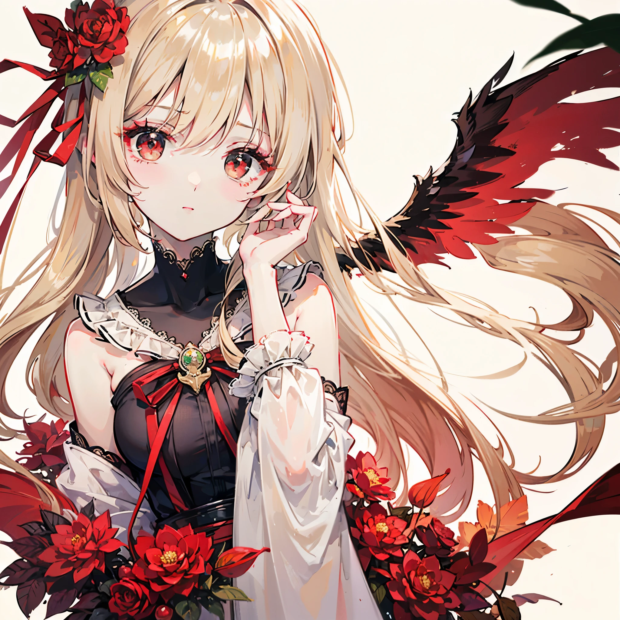 Beige hair and red eyes、Very long hair、Shiny Hair、high quality、Simple Background、White Background、camellia