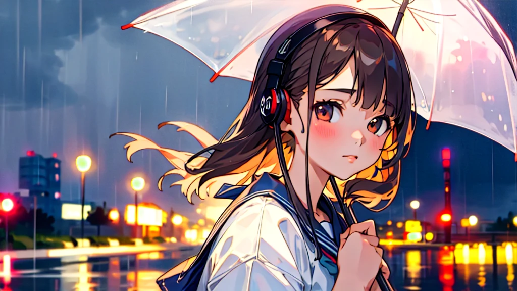 (Highest quality, masterpiece, Ultra-realistic), Beautiful and delicate15Year-old girl portrait, Holding an umbrella、Calm expression, The background is a business district at night with glittering neon buildings.、Downpour during the rainy season、While listening to music with headphones、Looking at me。Sailor suit
