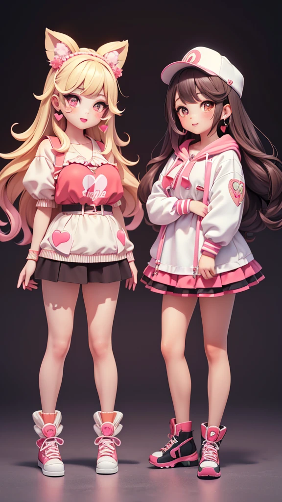 ((gyaru, 2 girls)), ((kawaii face)), ((heart-shaped pupils)), (masterpiece), (top quality), ((hyper detail ed)), (beautiful and aesthetic), (super detailed skin), (exquisite), (depth), ((high standard)), ((high resolution)), (perfect anatomy), (full body), (red cheek), ((jirai kei-girl)), (earring), (lipstick)