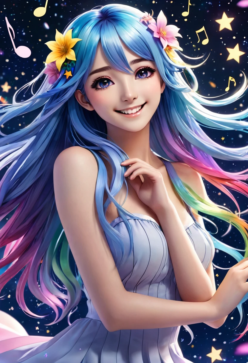 (wallpaper 8k CG), (masterpiece), (Highest quality), Anime Style, masterpiece, Long Hair, girl, (smile), flower-petals rainbow-colored musical notes and stars flowing from her fluttering blue hair. The background is a galaxy, star, Light