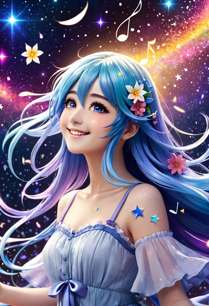 (wallpaper 8k CG), (masterpiece), (Highest quality), Anime Style, masterpiece, Long Hair, girl, (smile), flower-petals rainbow-colored musical notes and stars flowing from her fluttering blue hair. The background is a galaxy, star, Light