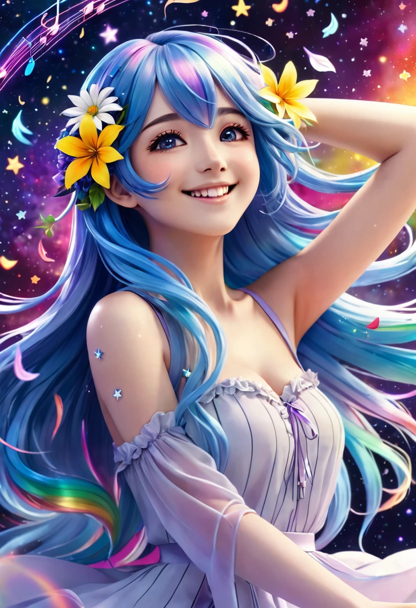 (wallpaper 8k CG), (masterpiece), (Highest quality), Anime Style, masterpiece, Long Hair, girl, (smile), flower-petals rainbow-colored musical notes and stars flowing from her fluttering blue hair. The background is a galaxy, star, Light