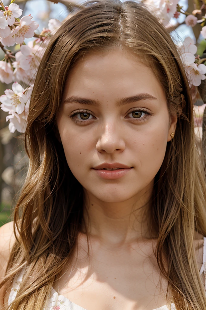 Blonde girl with honey-colored eyes with cherry blossom background
