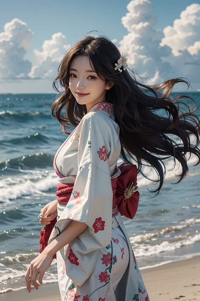 A beautiful woman wearing a wavy kimono is smiling on the beach under the summer sky, her hair blown by the wind