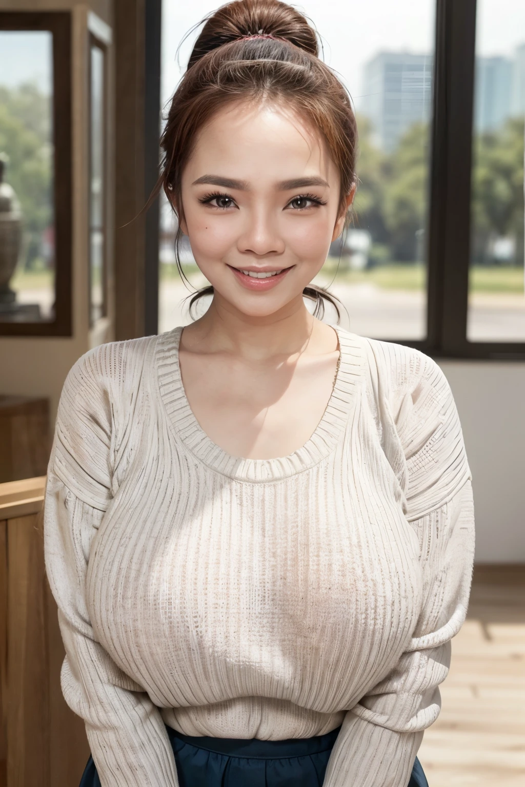 (half body portrait), ((display window)),(department),(malay woman),((U-neck sweater:1.3)),(huge breasts:1.4), ((highponytail)),thin waist,(smile:1.3),small mole under the eye,cowboy shot:1.3, 