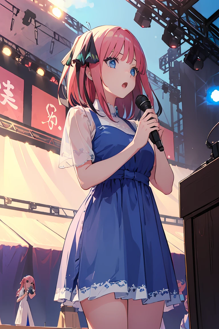 ((masterpiece, best quality)),very detailed, simple eyes, ((((outdoors,standing)))), (((blue eyes))), 1girl, (((kawai dress))), (((sing))), (((stage live live))), (((use microphone))),, nakano nino, 4k, extremely fine illustration, pink silky hair, hair ribbons