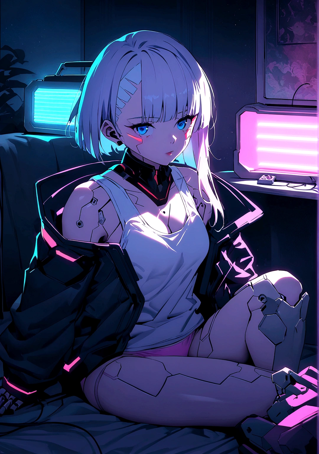 Imagine Lucy from cyberpunk edge runner, white short hair, pink line hair, blue eyes, cyborg implants, skin implants, Cyberpunk theme, white tank top, braless, pink panties, sitting on cozy room. Chilling, Neon lamps, retro music player