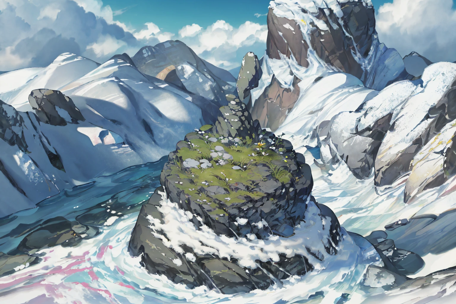 summer, rocky area, rock formation, (illustration : 1.0), Narrative composition, realistic lighting, HD detail, masterpiece, best quality best, (Highly detailed CG integrated 8k wallpaper), wide and flat rocky area, A small, sharp, rough rock at the top of the screen.