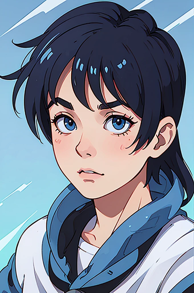best quality ,ultra detailed, realistic :1.37 , side view portrait of boy having cool vibes abstract background ,blue[background],anime comic verison, nft make all [photo ] same