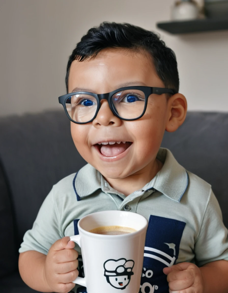 A closeup raw professional photograph of a happy 3-year-old boy up to the chest line, captured with a Fujifilm XT3 DSLR camera. The boy has black hair cut in a military style, wears glasses, and dons a polo shirt. He is holding a white porcelain cup of steaming hot coffee. The image features ultra details and ultra realism, highlighting the texture and expressions with exceptional clarity., gutto2024abr 