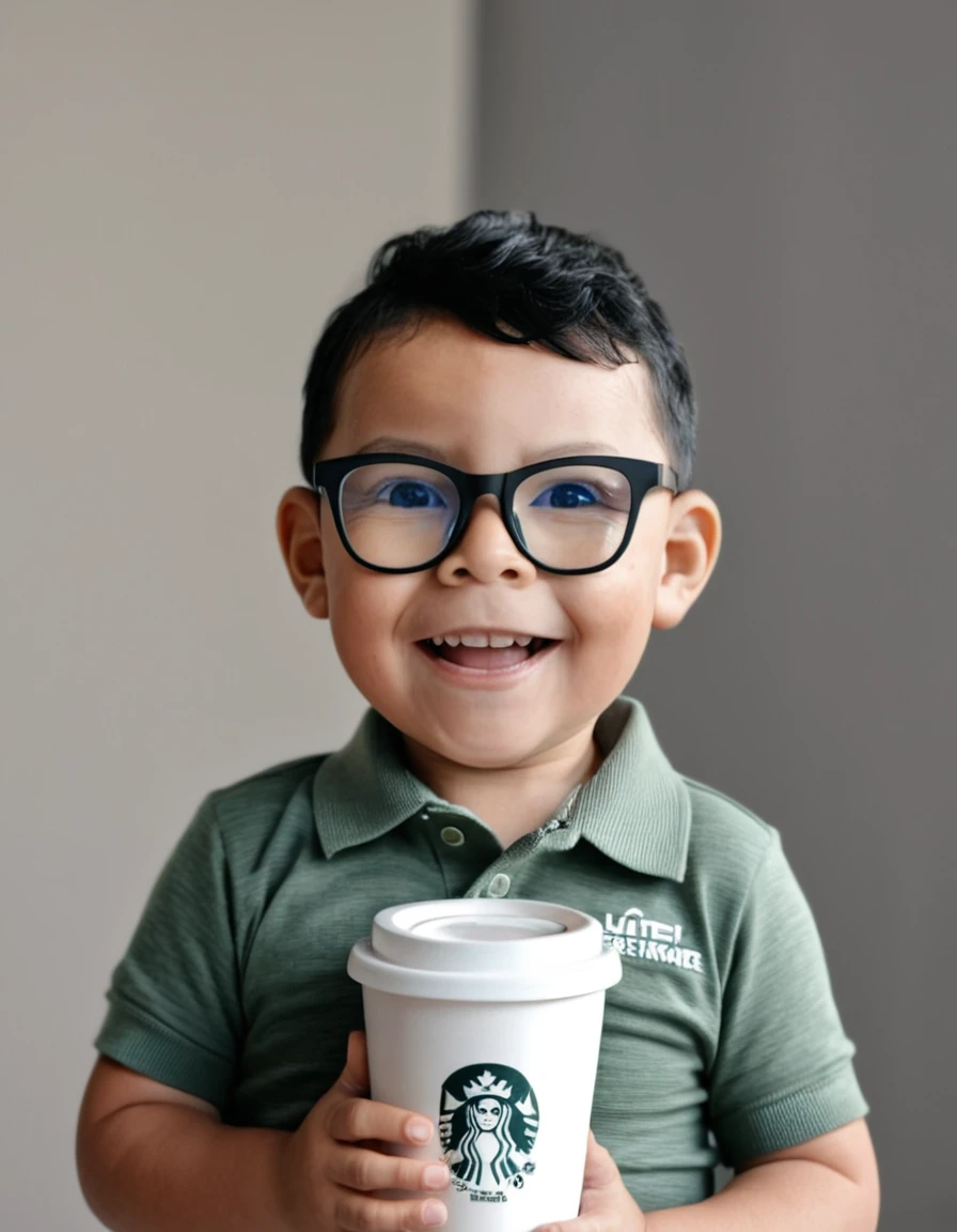 A closeup raw professional photograph of a happy 3-year-old boy up to the chest line, captured with a Fujifilm XT3 DSLR camera. The boy has black hair cut in a military style, wears glasses, and dons a polo shirt. He is holding a white porcelain cup of steaming hot coffee. The image features ultra details and ultra realism, highlighting the texture and expressions with exceptional clarity., gutto2024abr 