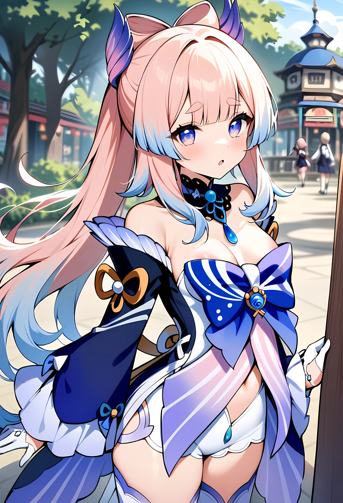 masterpiece, best quality, very aesthetic, absurdres, newest,1girl, small_tits, areola_slip,,sangonomiya_kokomi(genshin_impact), 1girl, bare_shoulders, blue_hair, bow-shaped_hair,detached_sleeves,gloves, half_gloves,long_hair, long_sleeves, multicolored_eyes, multicolored_hair, pink_hair, thick_eyebrows, thighhighs,white_gloves, white_thighhighs, wide_sleeves,colored_tips,,in an amusement_park