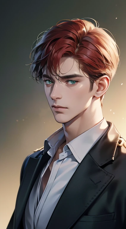 (best quality, masterpiece, 8K, photorealistic, cinematic lighting, 1:4 hdr image, ultra detailed, beautiful image), a mature man, 34 years very handsome, ((cold expression)), short red hair, green eyes, face perfect without mistakes, ((buttoning his jacket, CEO))