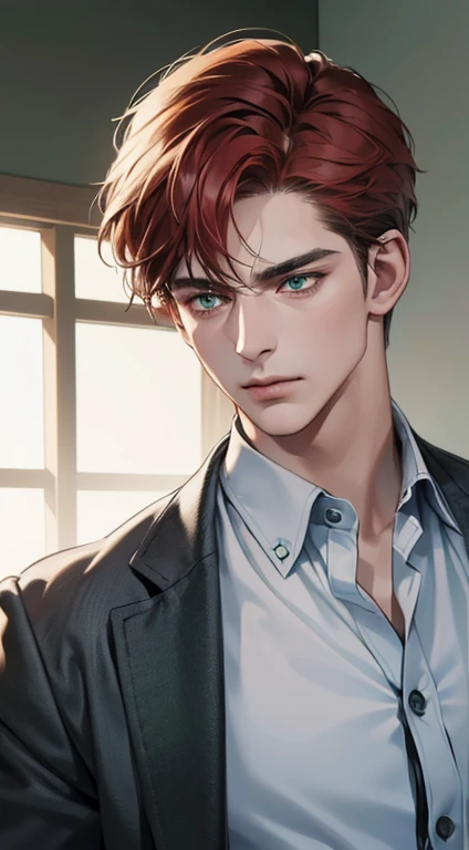 (best quality, masterpiece, 8K, photorealistic, cinematic lighting, 1:4 hdr image, ultra detailed, beautiful image), a mature man, 34 years very handsome, ((cold expression)), short red hair, green eyes, face perfect without mistakes, ((buttoning his jacket, CEO))