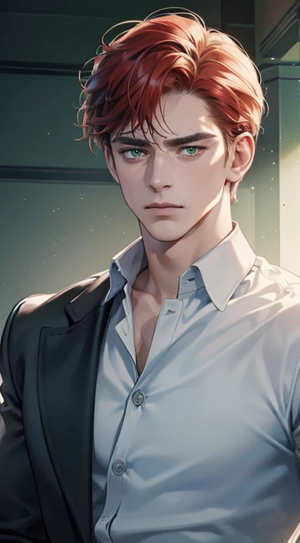 (best quality, masterpiece, 8K, photorealistic, cinematic lighting, 1:4 hdr image, ultra detailed, beautiful image), a mature man, 34 years very handsome, ((cold expression)), short red hair, green eyes, face perfect without mistakes, ((buttoning his jacket, CEO))
