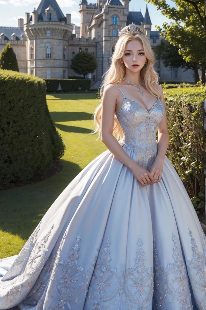 masterpiece, highres, high detailed, intricate details, depth of field, 1 girl, queen, big royal crown, Coronation Gown, queen dress, Evening Gown, outdoor background. The background is a luxurious castle, mildly clouds, best sunlight. There are 2 long flower beds besides the path, queen is standing on the path. Her face is gorgeous, beautiful, confident. She wears a lot of luxury jelweries and holds her gown. She has blue eyes, platinum blonde long shining hair. Behind her is the castle.