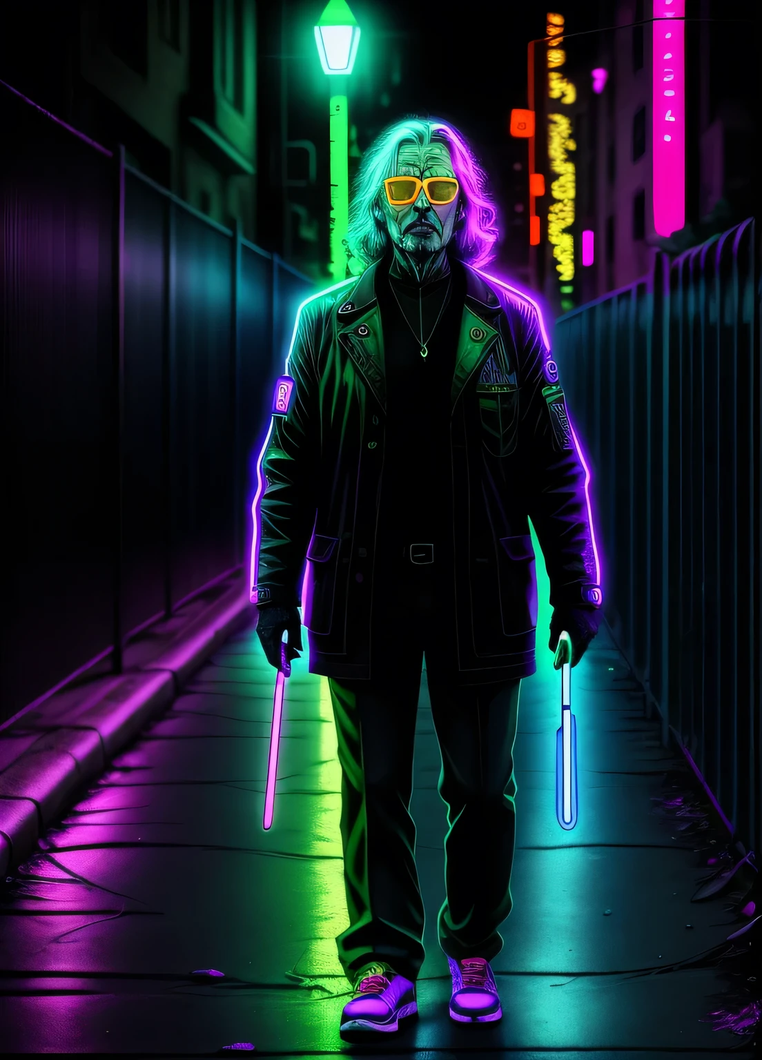 in the Raiward Award-winning masterpiece depicting an elderly cyborg in psychedelic colors walking the streets at night., Wearing bright neon colored glasses, 8k, (high quality:1.1), (movie atmosphere:1.1), deep dark shadow, incredibly intricate details, until , (Fence:1.1), From above, looking at the viewer, (light shine:1.1), (chromatic aberration,:1.2) background with floating light untilifacts