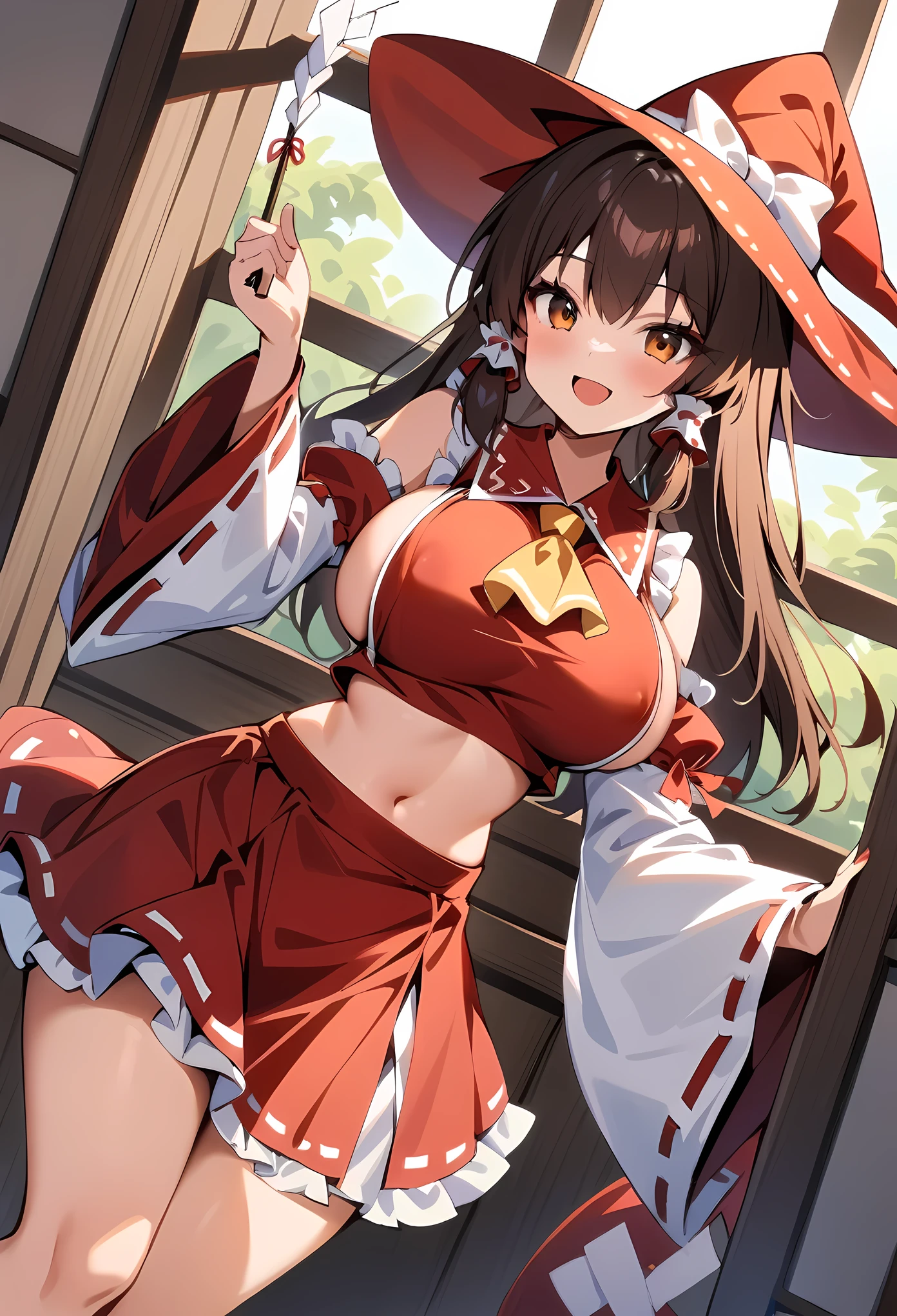 masterpiece, best quality, very aesthetic, absurdres, newest,1girl, huge tit, areola_slip,,hakurei_reimu, touhou, 1girl,bow, brown_eyes, brown_hair, detached_sleeves,frilled_bow, frilled_hair_tubes, frills, gohei, hair_bow, hair_tubes, hat, long_hair, midriff_peek, open_mouth, red_bow, red_skirt, ribbon, ribbon-trimmed_sleeves, ribbon_trim, skirt, skirt_set, smile,witch_hat, yellow_ascot,,beside window